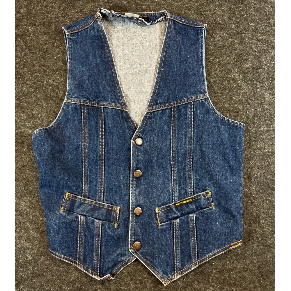 Vintage 70s AMF Harley Davidson Biker Vest Mens Medium Blue Denim Motorcycle